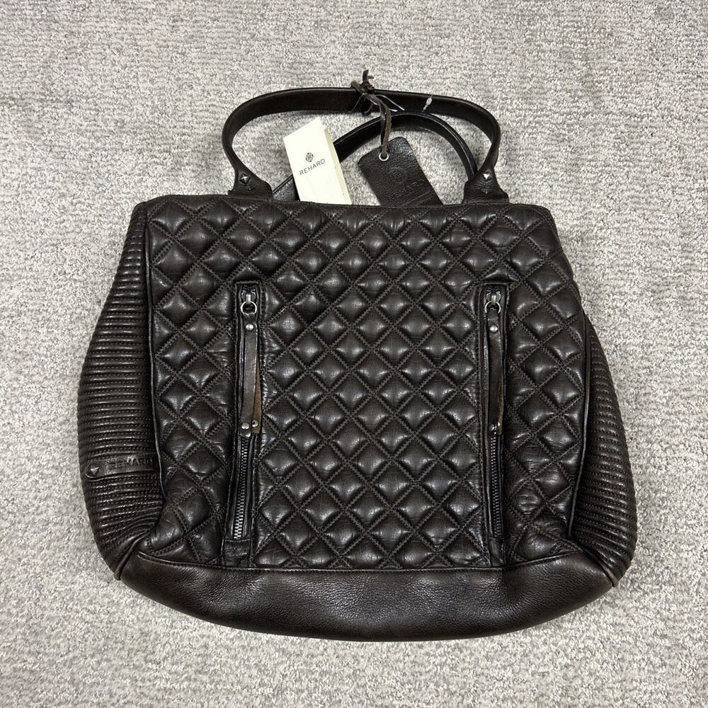 Rehard Italy Genuine Leather Brown Shoulder Hand Bag Tote Purse Quilted Zip